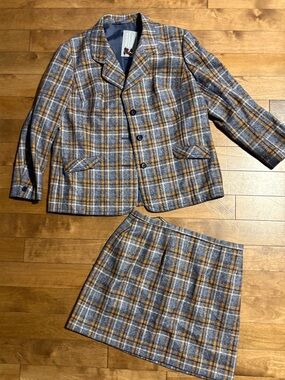 Vintage Wool Plaid Two-Piece Blazer and Skirt Set - Gray, Blue  & Orange
